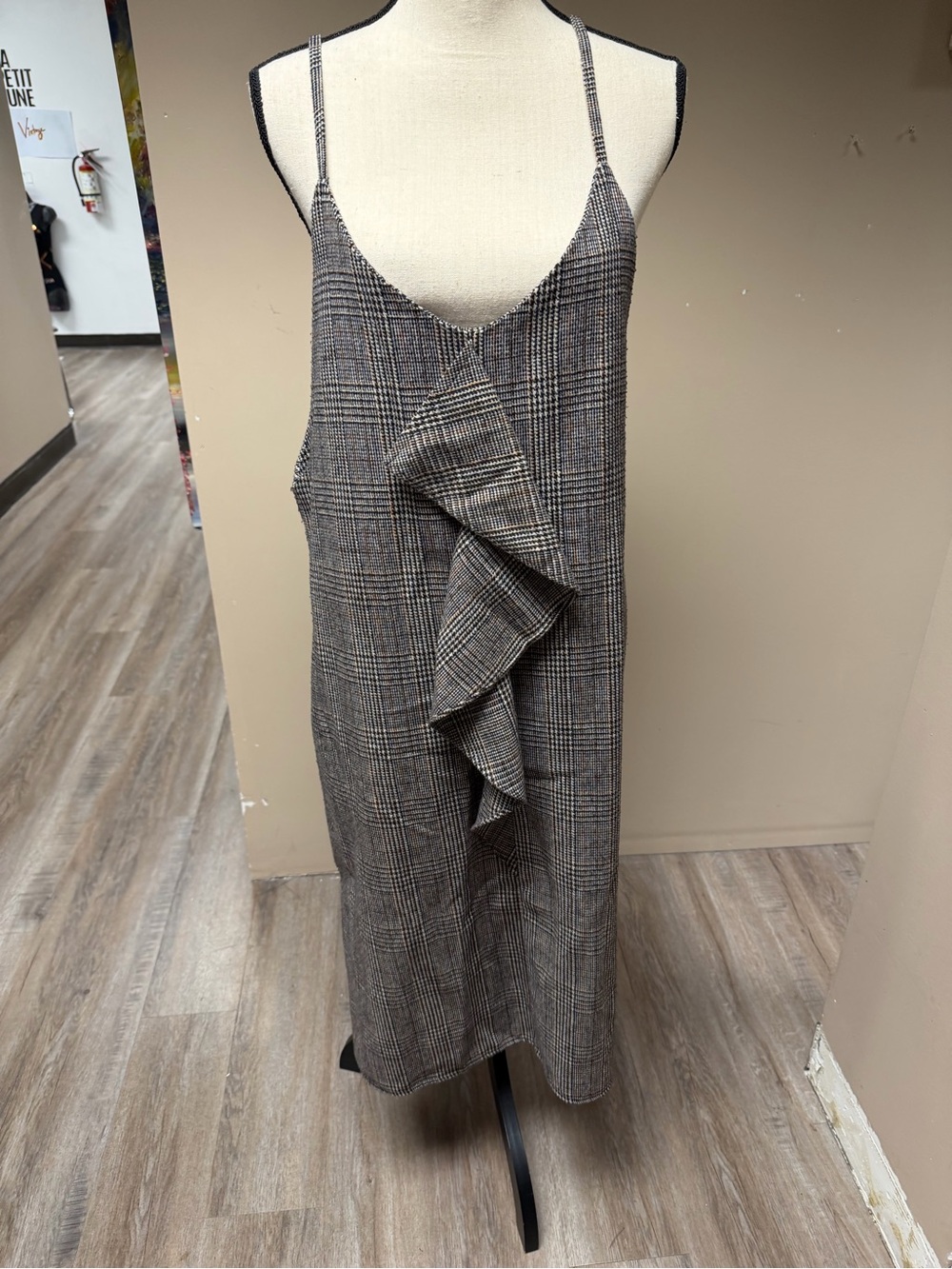 OAK + FORT Gray Plaid Ruffle-Front Slip Midi Dress